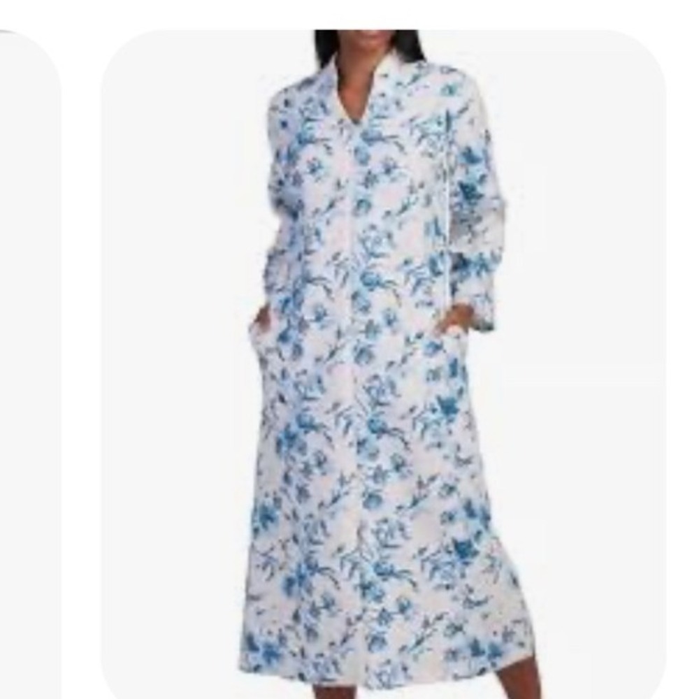 Miss Elaine Blue Floral Quilted Zip Front Robe Long Sleeve Housecoat S 661804D